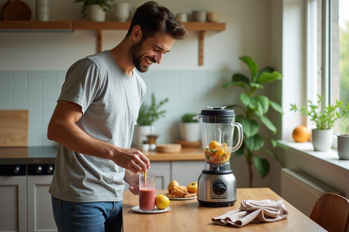Jeune homme prépare un smoothie avec un blender dans la salle à manger