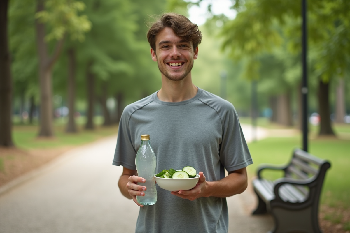 Jeune homme souriant avec légumes dans un parc urbain