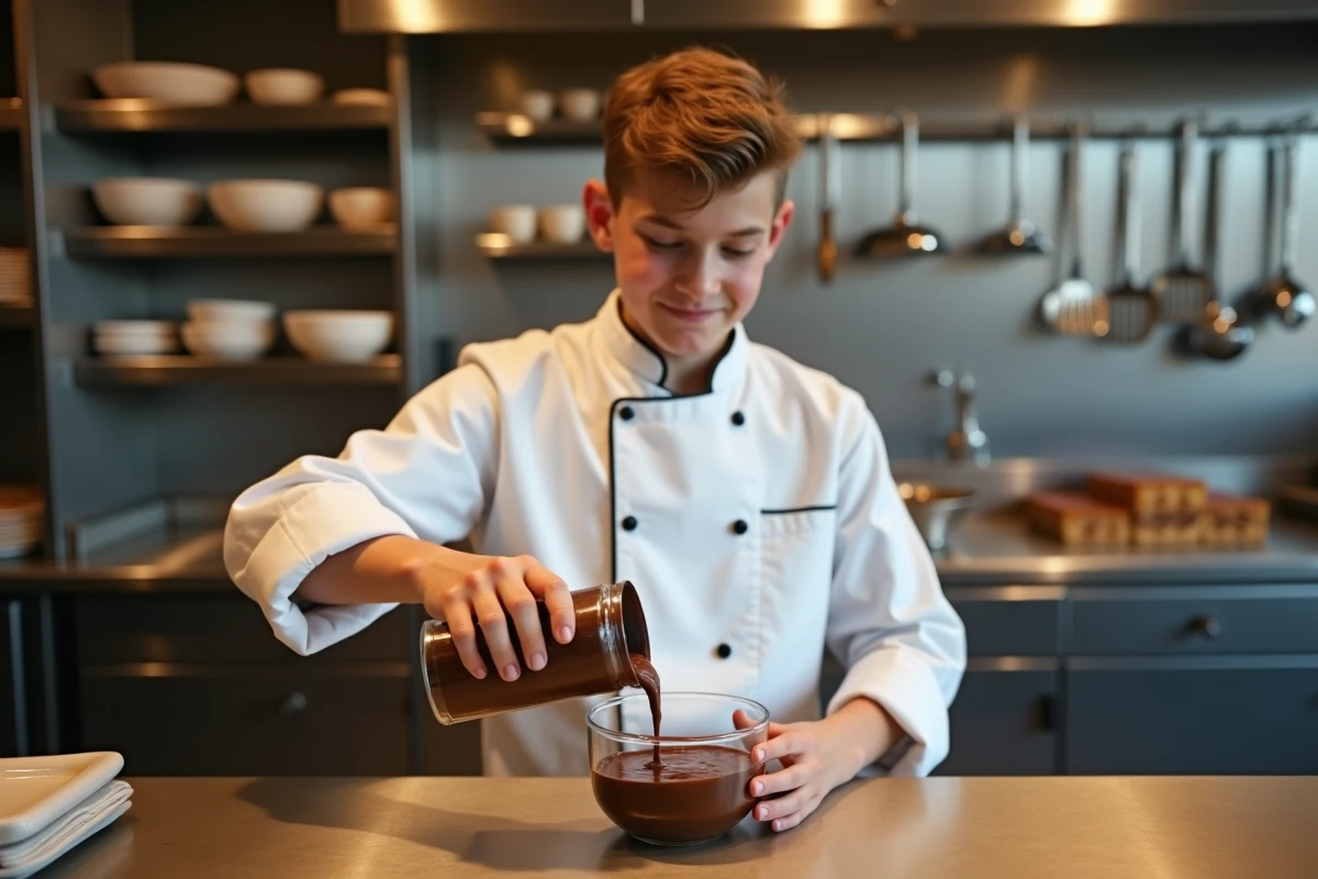 Jeune garçon versant creme au chocolat en cuisine