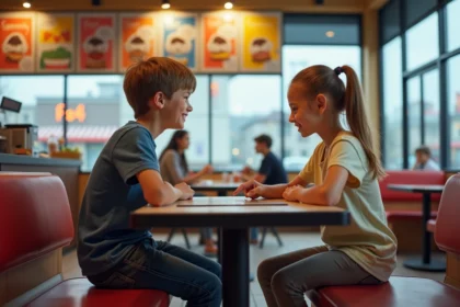 Adolescents souriants devant un menu de fastfood