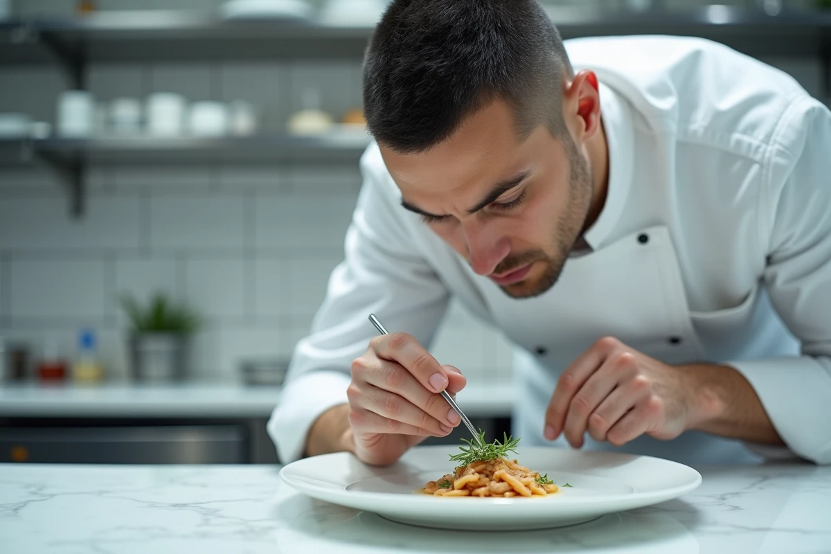 Chef cuisinier concentré appliquant une précision millimétrée sur un plat gastronomique, évoquant la doctrine de Joël Robuchon
