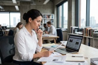 Journaliste femme travaillant sur une ligne éditoriale dans une salle de rédaction moderne