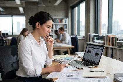 Journaliste femme travaillant sur une ligne éditoriale dans une salle de rédaction moderne