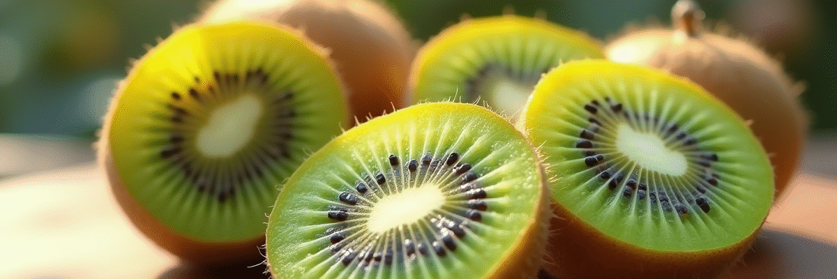 Kiwis tranchés sur planche en bois avec graines vertes