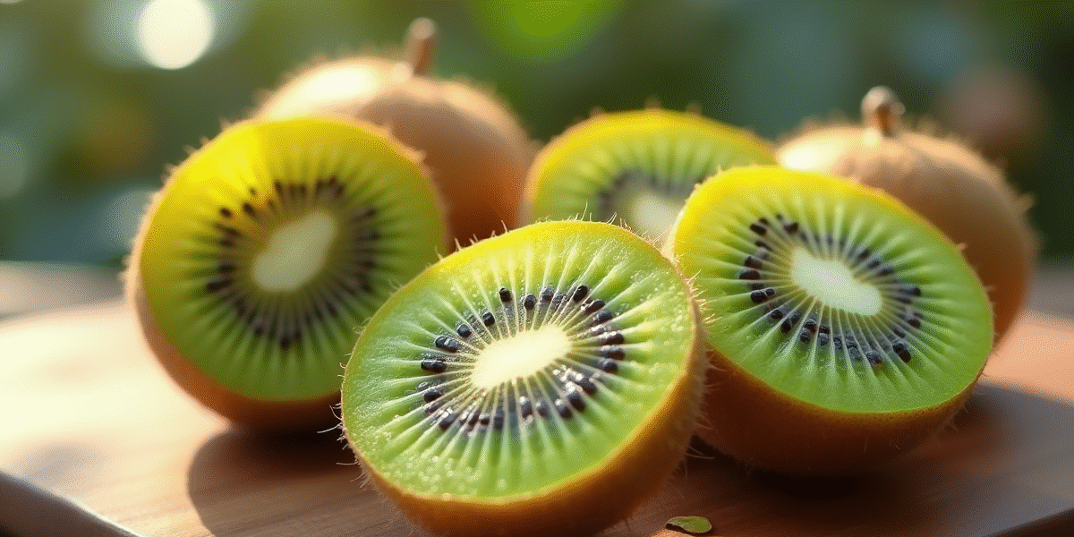Kiwis tranchés sur planche en bois avec graines vertes