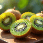 Kiwis tranchés sur planche en bois avec graines vertes