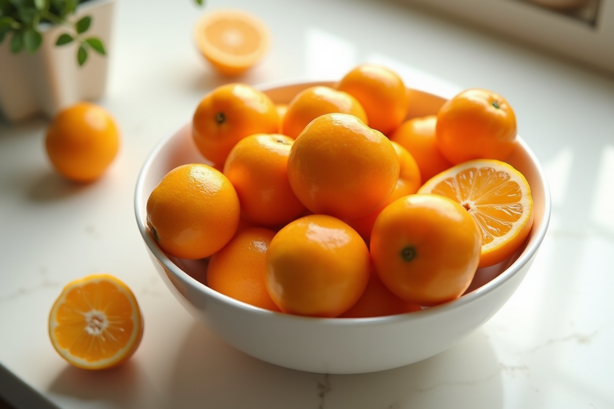 Kumquats entiers et coupés sur plan de cuisine lumineux