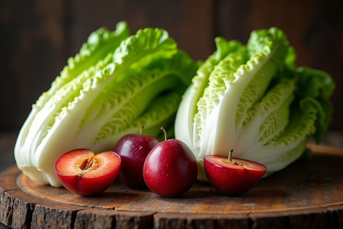 Laitue iceberg et prunes italiennes en gros plan