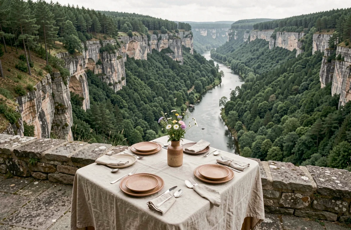Table dressée en terrasse au restaurant Le Haut-Allier avec vue panoramique sur les gorges de l'Allier et la forêt en Haute-Loire