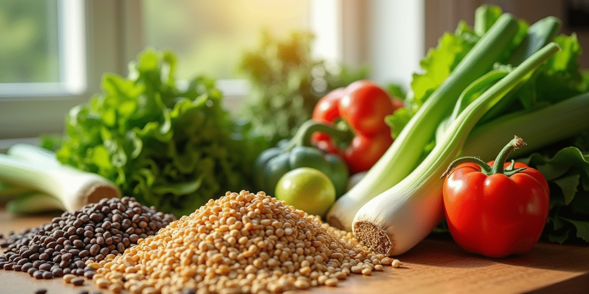 Légumes frais avec L comme laitue et lentilles