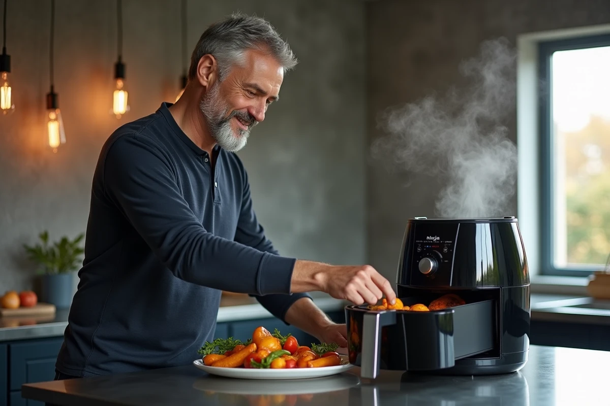 Homme récupérant des légumes rôtis dans le panier d'un air fryer Ninja dans une cuisine moderne industrielle