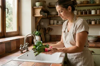 Femme qui lave des légumes de saison de printemps comme les asperges et les radis dans une cuisine rustique française