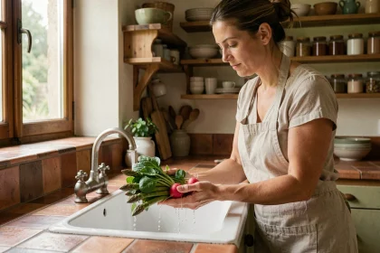 Femme qui lave des légumes de saison de printemps comme les asperges et les radis dans une cuisine rustique française