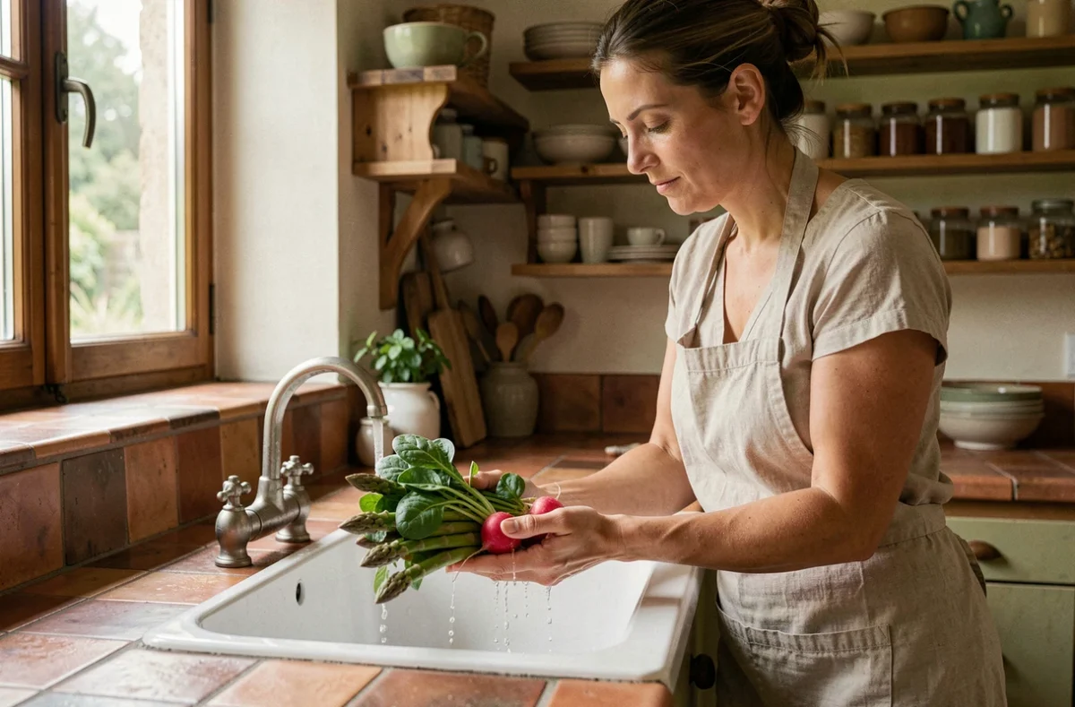 Femme qui lave des légumes de saison de printemps comme les asperges et les radis dans une cuisine rustique française