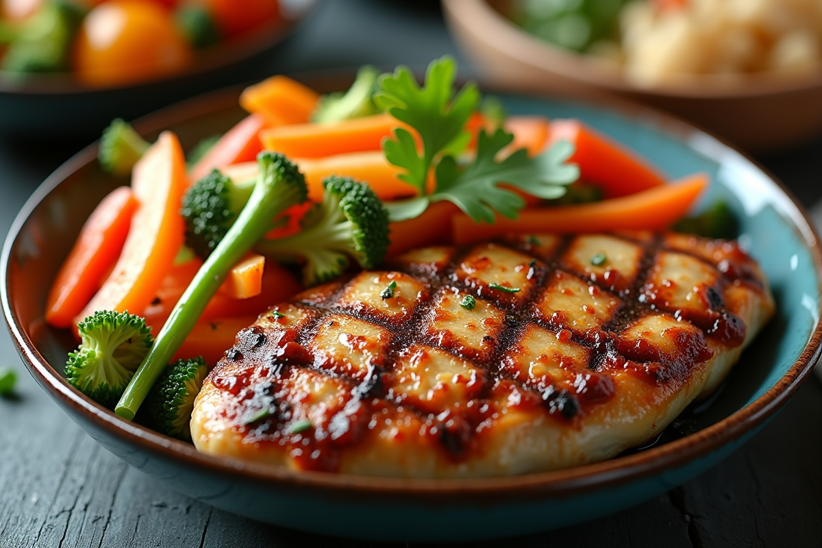 Légumes vapeur colorés avec blanc de poulet grillé