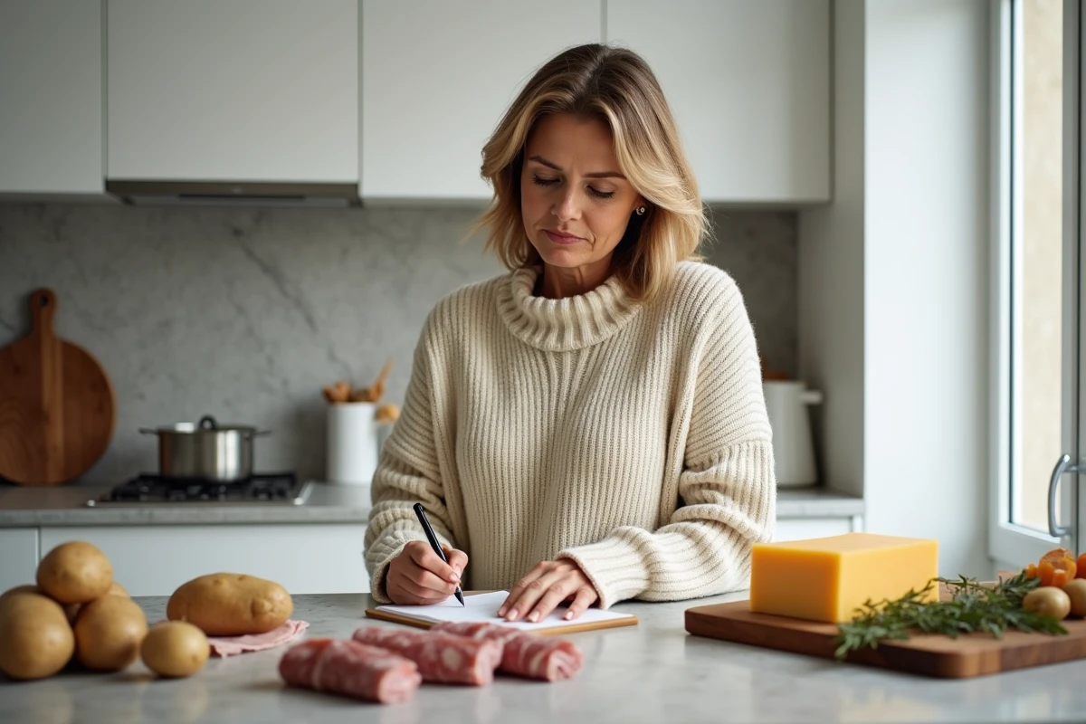 Femme rédigeant une liste de courses pour une raclette de 10 personnes dans une cuisine moderne avec fromage et charcuterie sur le comptoir