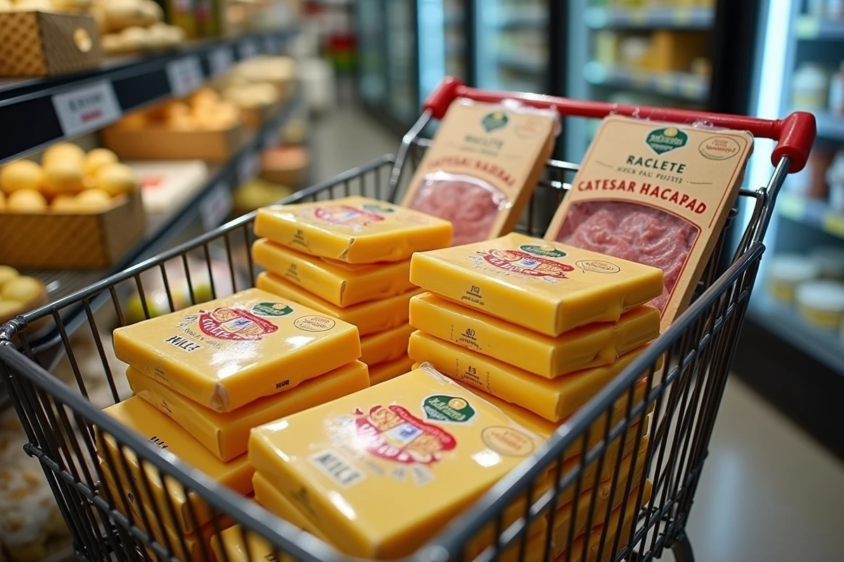 Chariot de supermarché rempli d'ingrédients pour une raclette pour 10 personnes incluant fromage, charcuterie et pommes de terre