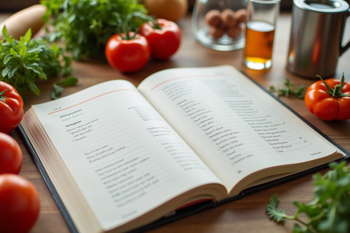 Livre de recette ouvert avec ingrédients frais et verre doseur