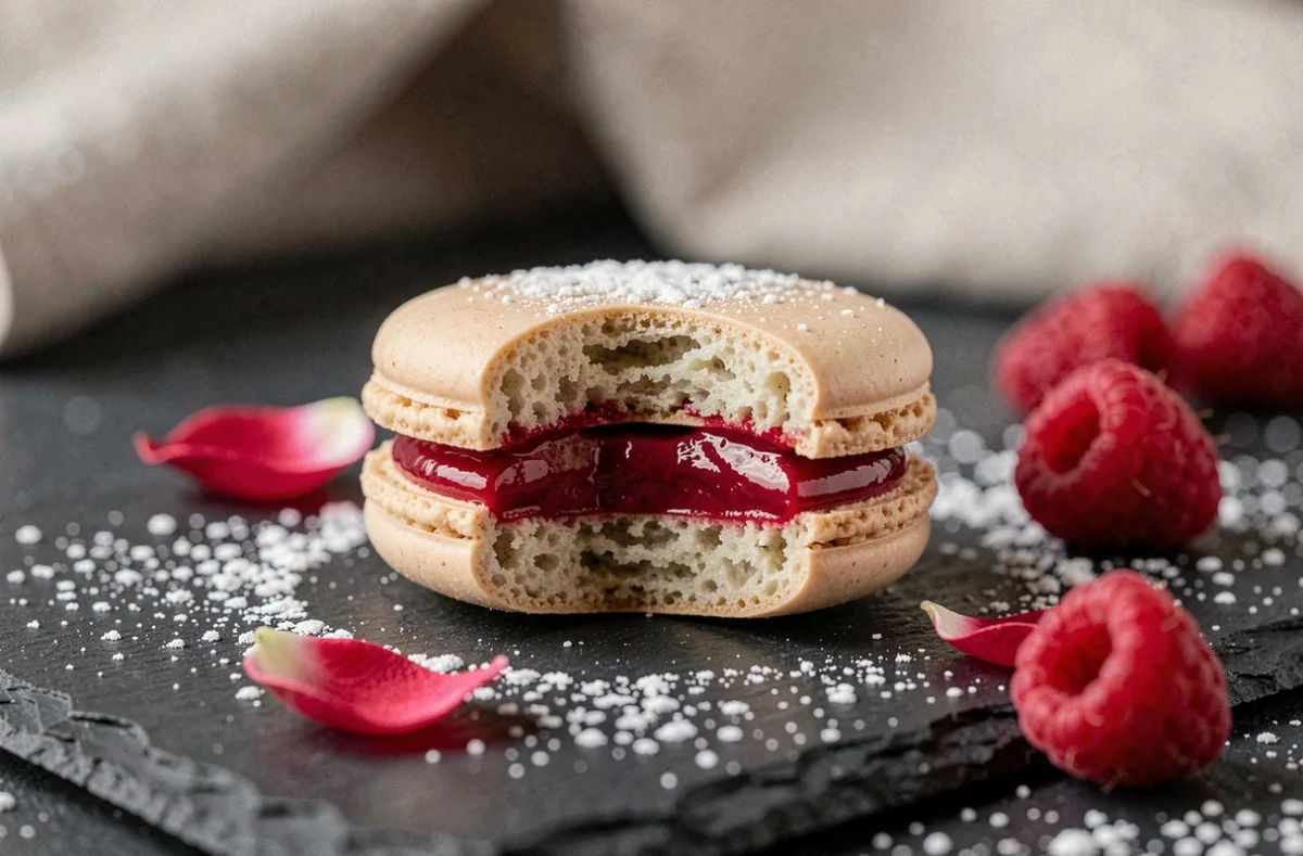 Macaron framboise coupé en deux révélant une ganache brillante et une collerette parfaite sur une ardoise sombre