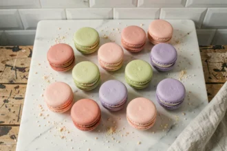 Macarons traditionnels aux collerettes parfaites disposés en grille sur un plan en marbre blanc dans une pâtisserie parisienne