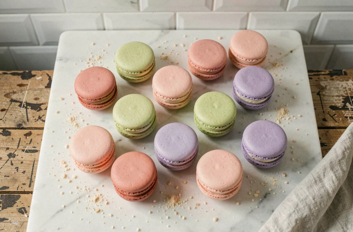 Macarons traditionnels aux collerettes parfaites disposés en grille sur un plan en marbre blanc dans une pâtisserie parisienne