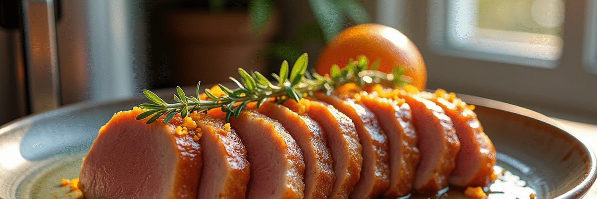 Magret de canard tranché avec peau croustillante et zestes d'orange