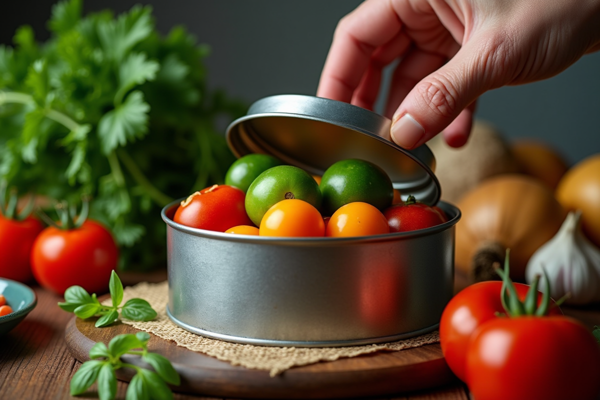 Main ouvrant une boîte de légumes mélangés sur une table en bois