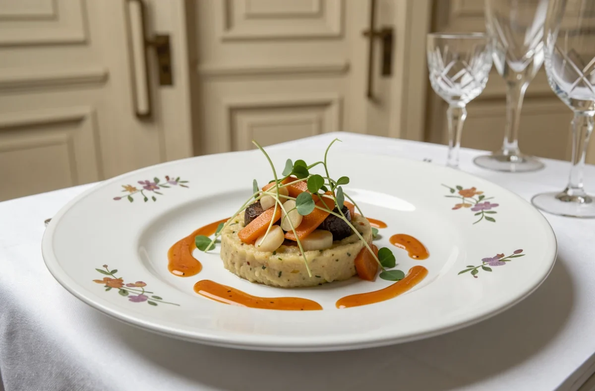 Assiette gastronomique finement dressée de la Maison Decoret, restaurant étoilé à Vichy, avec purée végétale et réduction de sauce