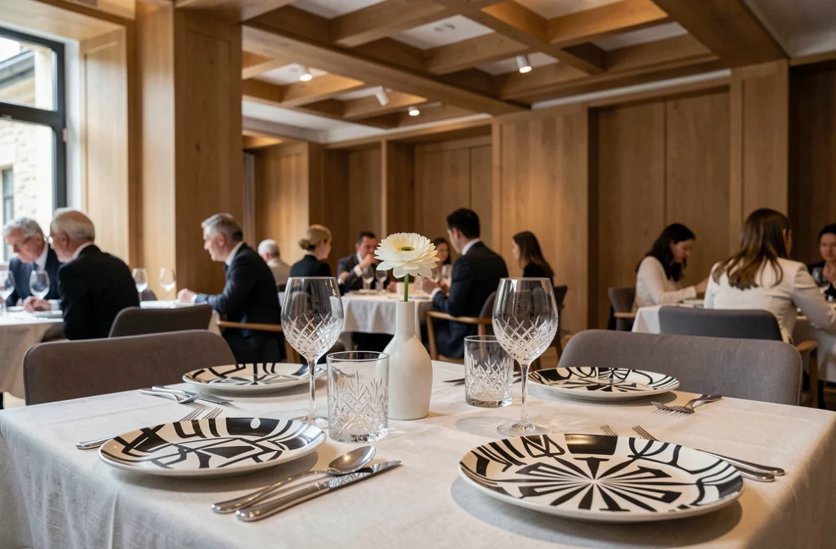 Table dressée à La Maison Troisgros à Ouches dans la Loire avec vaisselle graphique contemporaine et décor design trois étoiles Michelin