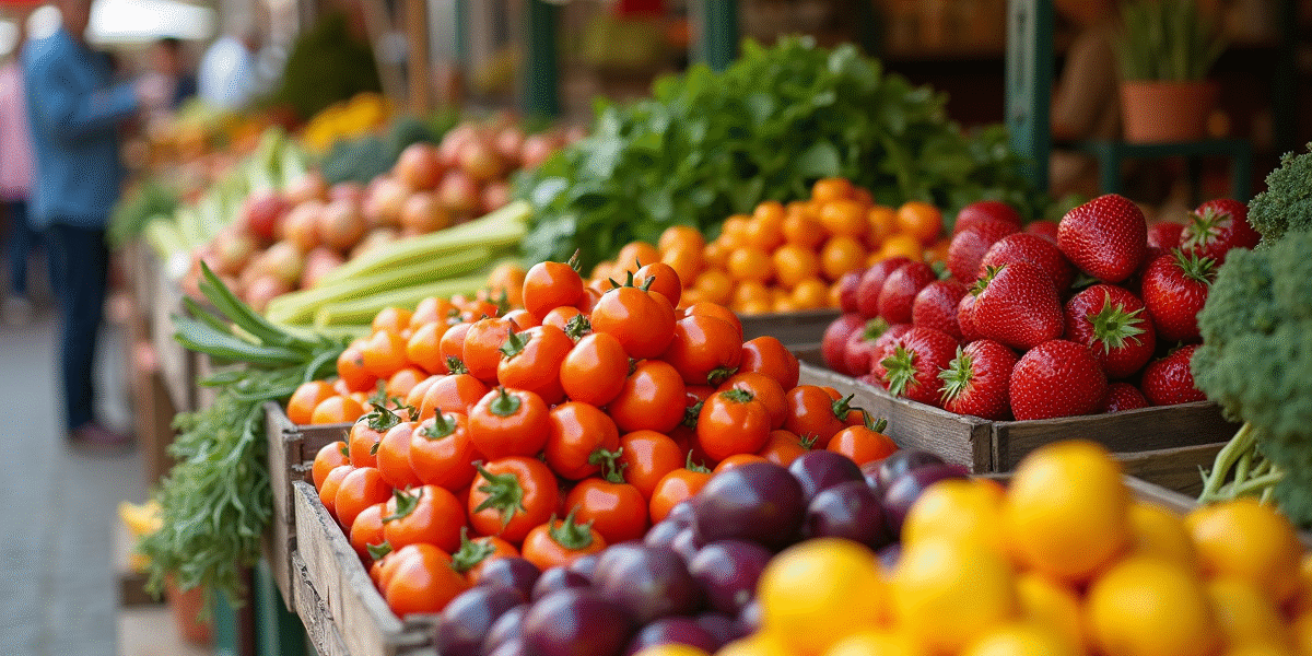 Marché bio avec fruits et légumes colorés