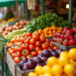 Marché bio avec fruits et légumes colorés