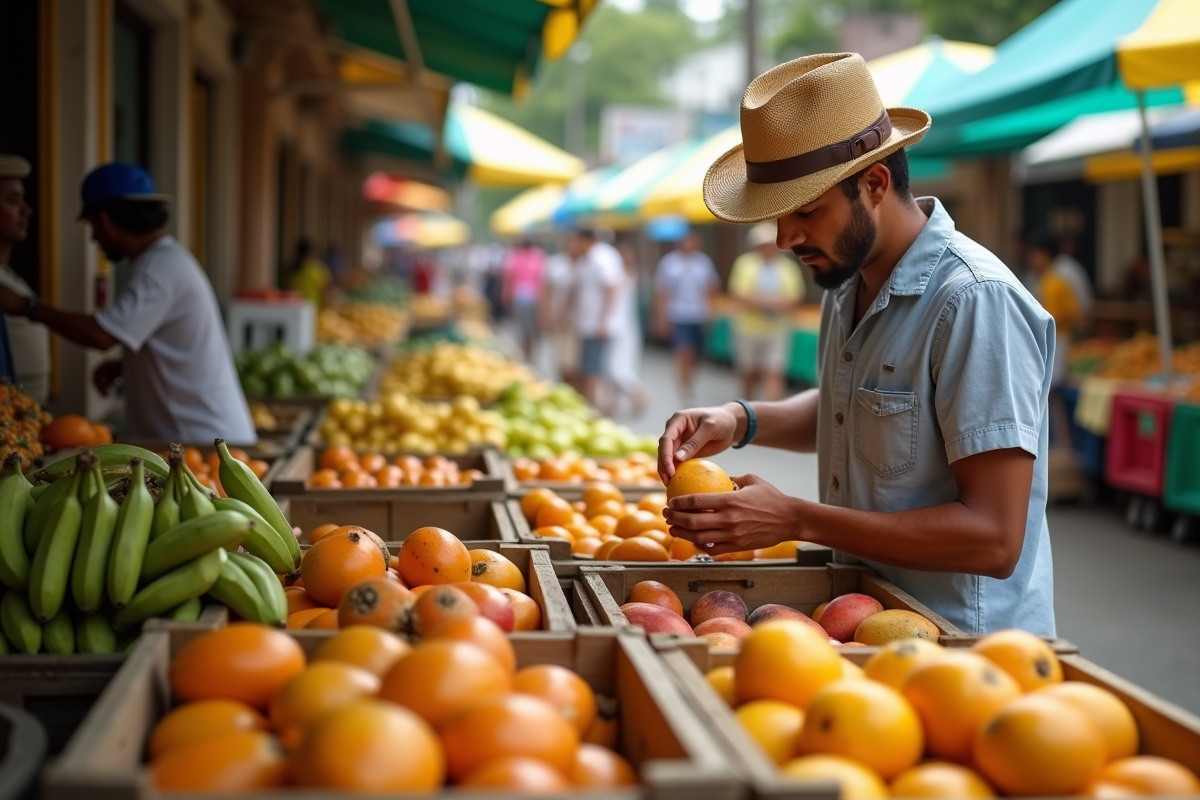Jeune homme brésilien choisissant des fruits tropicaux au marché