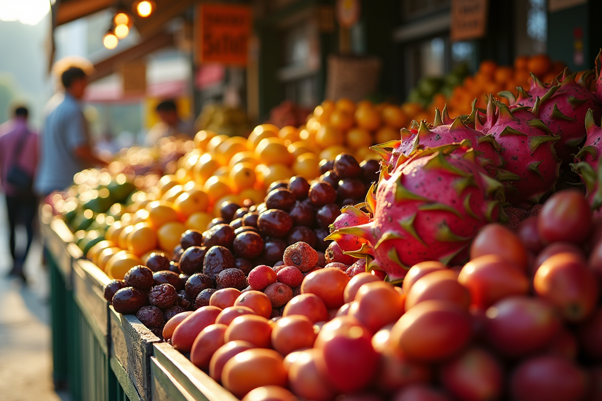 Stand de marché avec fruits débutant par D en matinée