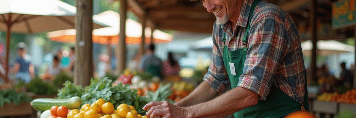 Marchand local souriant au marché avec fruits et légumes