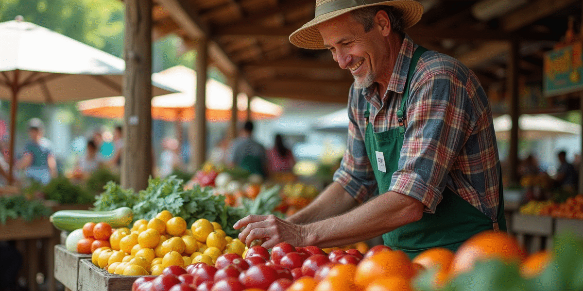 Marchand local souriant au marché avec fruits et légumes