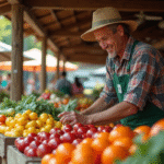 Marchand local souriant au marché avec fruits et légumes