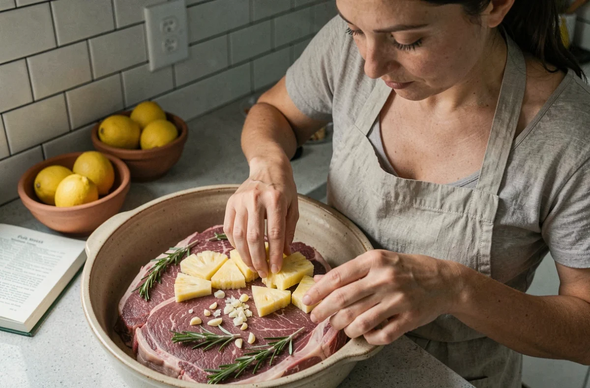 Femme marinant un brisket de bœuf cru avec de l'ananas frais et des herbes aromatiques dans un plat en céramique pour attendrir la viande