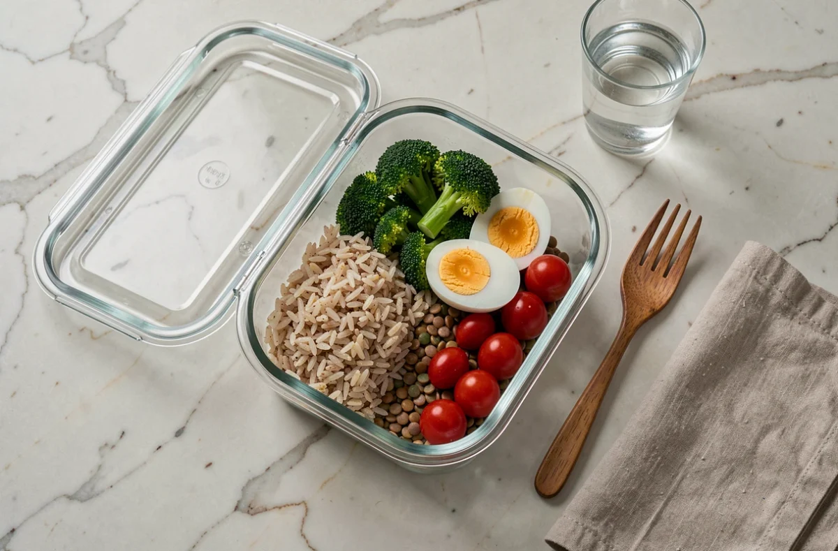 Repas du midi préparé à l'avance dans une boîte en verre avec riz complet, brocoli et lentilles pour un déjeuner rassasiant et anti-grignotage