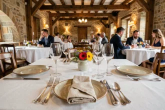 Table élégamment dressée dans un restaurant gastronomique d'Auvergne-Rhône-Alpes avec vaisselle en céramique artisanale et décor en pierre