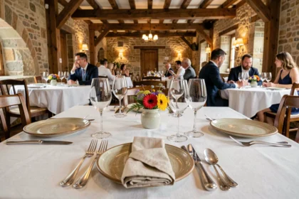 Table élégamment dressée dans un restaurant gastronomique d'Auvergne-Rhône-Alpes avec vaisselle en céramique artisanale et décor en pierre