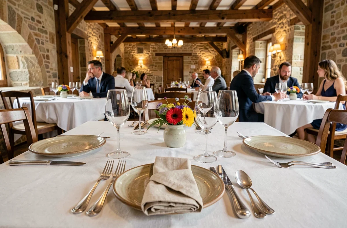 Table élégamment dressée dans un restaurant gastronomique d'Auvergne-Rhône-Alpes avec vaisselle en céramique artisanale et décor en pierre