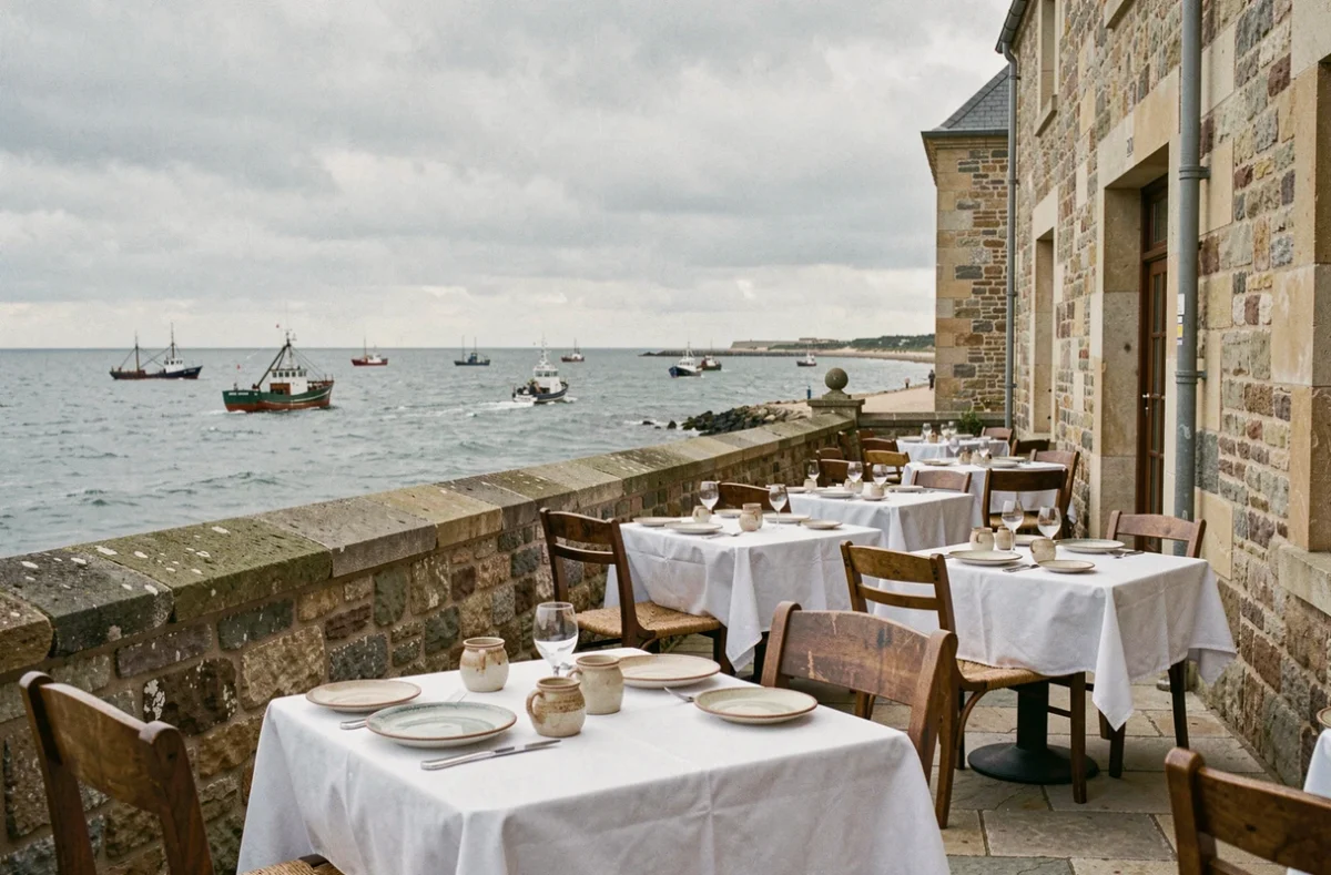 Terrasse de restaurant en bord de mer dans le Pas-de-Calais avec vue sur la Manche et des bateaux de pêche