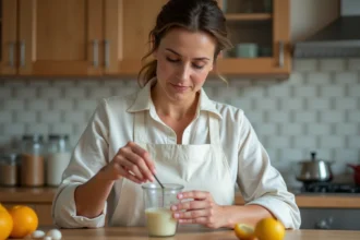 Femme mesurant un liquide en millilitres dans une cuisine en bois avec un verre doseur gradué