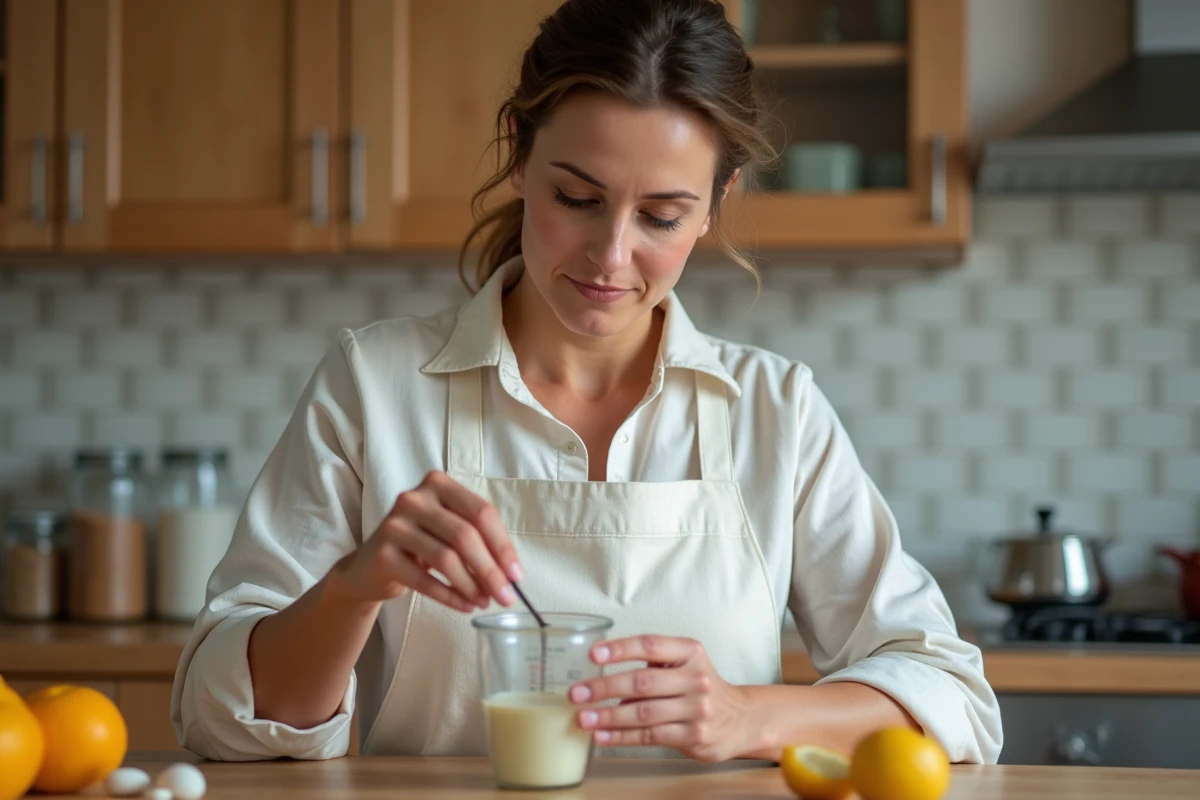 Femme mesurant un liquide en millilitres dans une cuisine en bois avec un verre doseur gradué