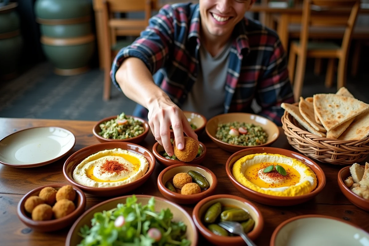 Plateau de mezze libanais généreux servi au restaurant Le Cèdre Paris avec un étudiant en train de manger