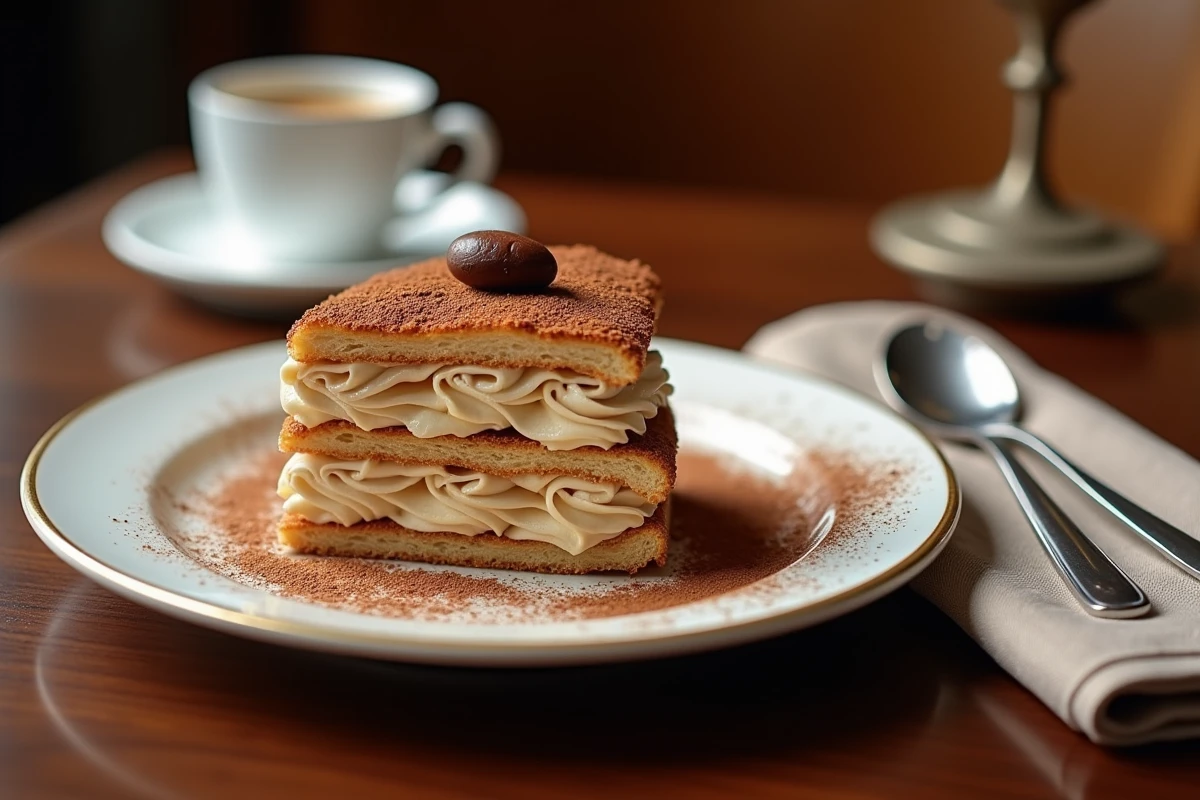 Mille-feuille garni de crème pâtissière au café dressé sur une assiette de restaurant avec une tasse d'espresso