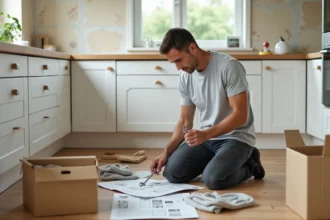 Homme assemblant lui-même une cuisine IKEA avec une clé Allen et une notice de montage sur le sol
