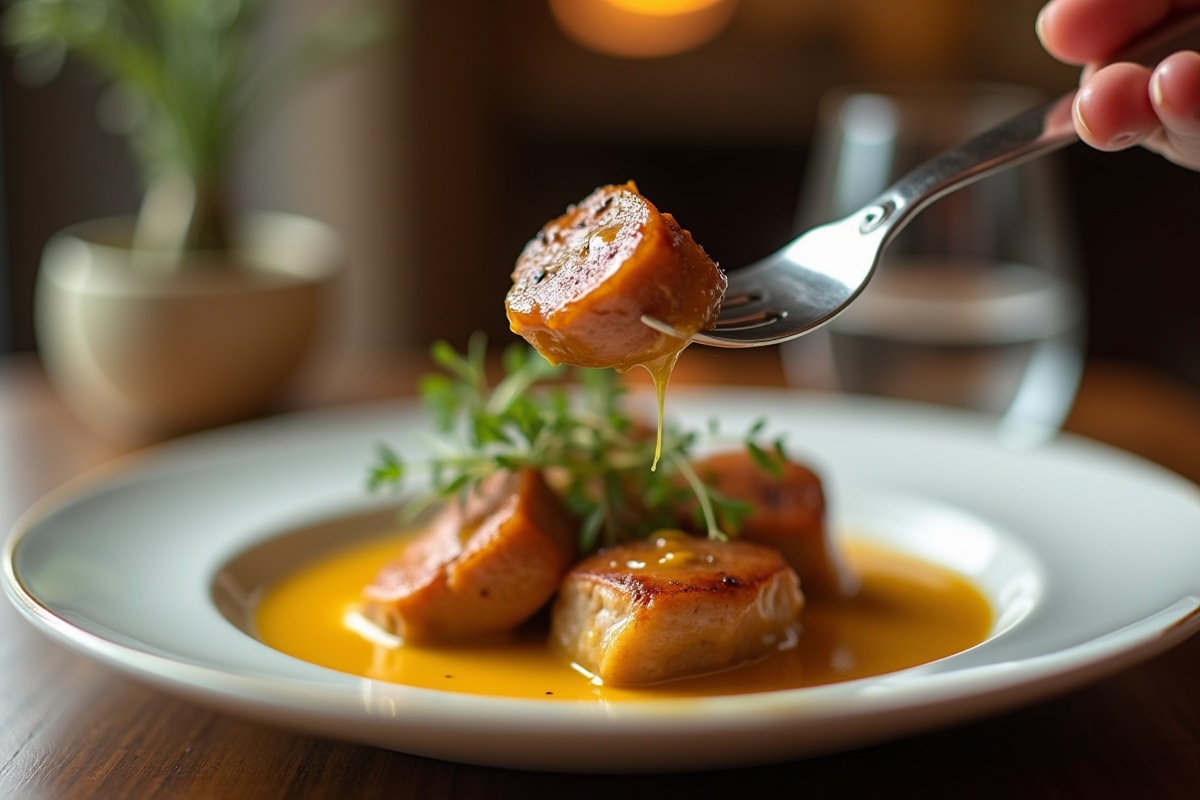 Côte de lapin en sauce moutarde avec fourchette en gros plan