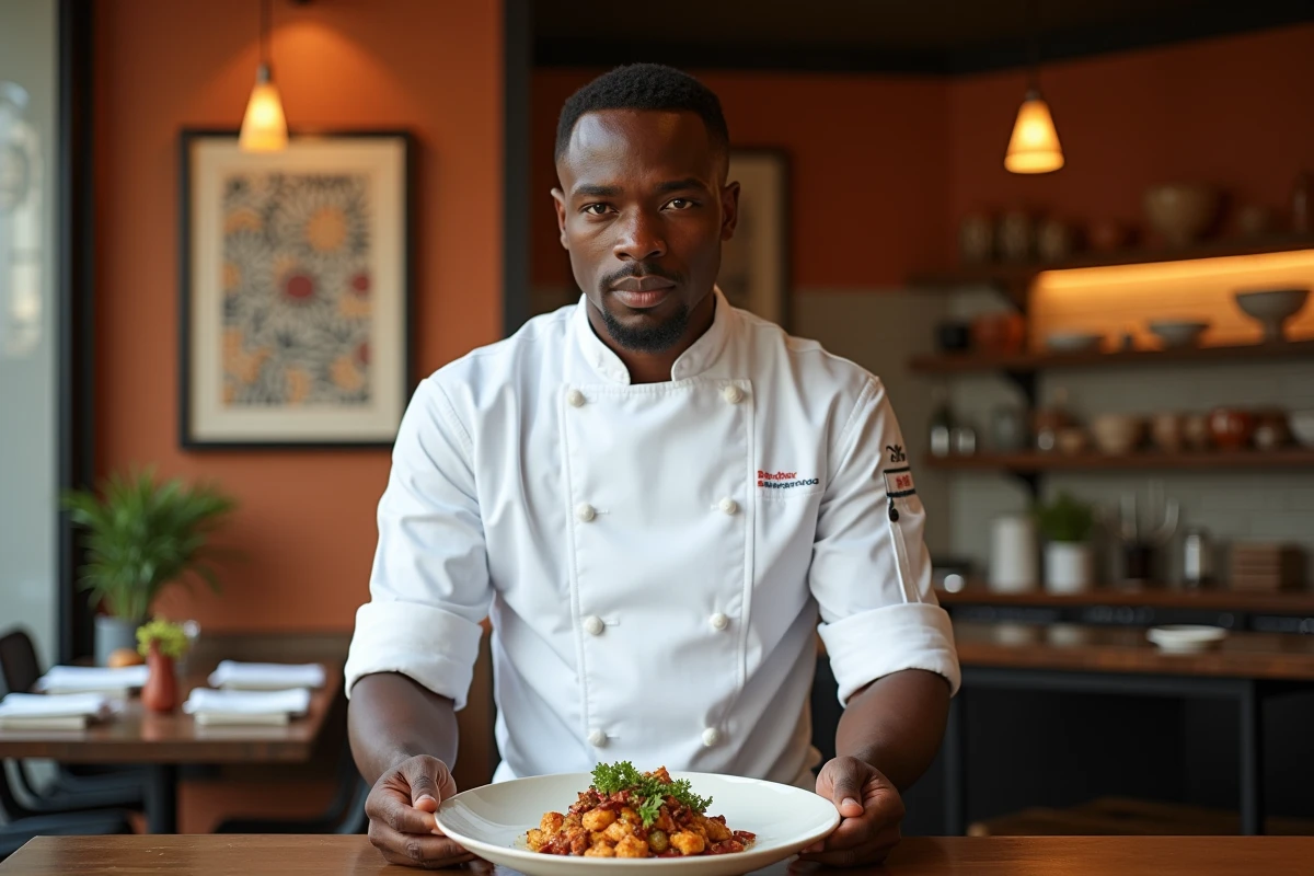 Chef cuisinier créatif présentant une assiette fusion franco-africaine-japonaise, évoquant l'univers de Mory Sacko