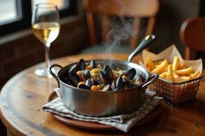 Moules marinières en cocotte avec frites maison dorées dans un panier, servis sur une table de brasserie rustique en bois avec un verre de vin blanc